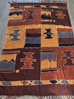 Handmade Batik Rayon Wrap Scarf Shawl Brown Orange Tribal Print 42x66 Indonesian